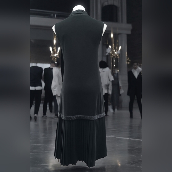 Iconic Fink Modell 1960s Black Satin Bow Tie Sleeveless Shift Dress Pleated Midi - Picture 6 of 12